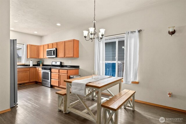 kitchen featuring an inviting chandelier, baseboards, appliances with stainless steel finishes, dark wood-style floors, and recessed lighting