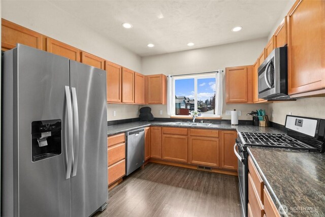 kitchen with recessed lighting, dark wood finished floors, appliances with stainless steel finishes, and a sink