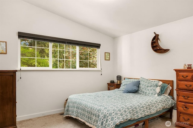 bedroom featuring carpet floors, lofted ceiling, and baseboards