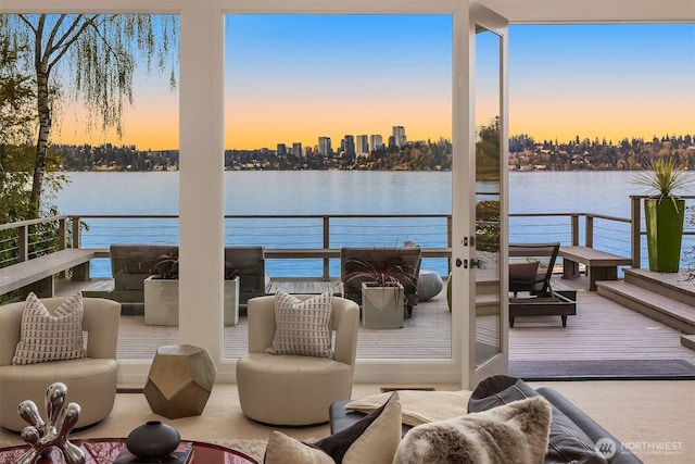 interior space with a water view