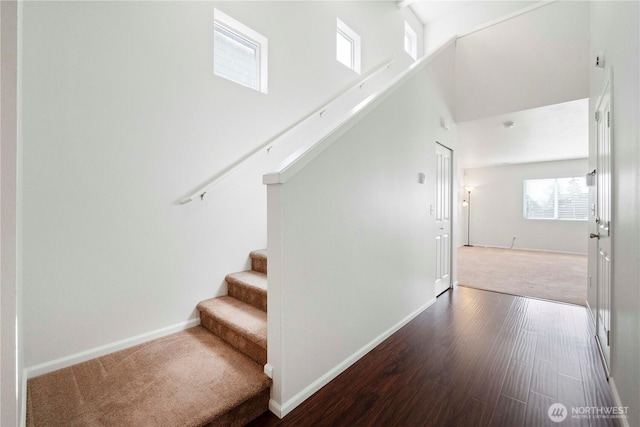 staircase featuring baseboards, carpet flooring, a towering ceiling, and wood finished floors