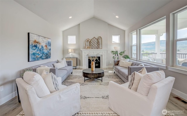 1580 S Kelvin Ct, East Wenatchee, WA 98802 - living area featuring baseboards, lofted ceiling, wood finished floors, a premium fireplace, and recessed lighting