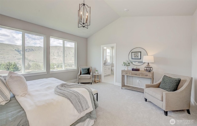1580 S Kelvin Ct, East Wenatchee, WA 98802 - bedroom featuring multiple windows, lofted ceiling, connected bathroom, light carpet, and a chandelier