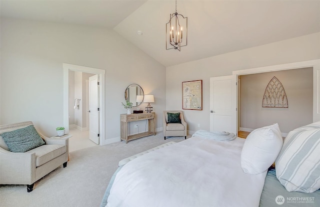 1580 S Kelvin Ct, East Wenatchee, WA 98802 - bedroom with a chandelier, lofted ceiling, light carpet, and baseboards