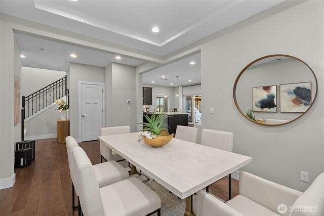 1221 199th St SE, Bothell, WA 98012 - dining area featuring recessed lighting, stairs, dark wood-style floors, and baseboards