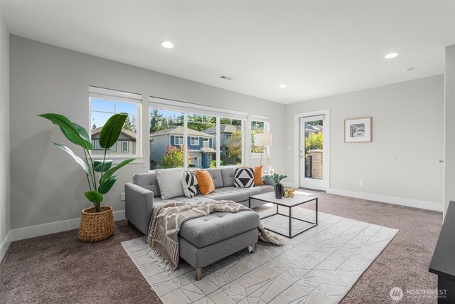 1221 199th St SE, Bothell, WA 98012 - living area featuring light carpet, plenty of natural light, baseboards, and recessed lighting
