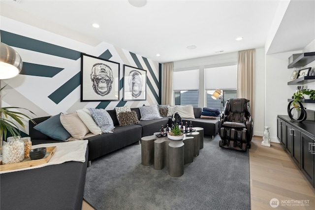 living area featuring recessed lighting and light wood-type flooring