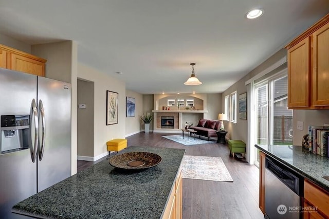kitchen with a glass covered fireplace, open floor plan, dark wood-style floors, recessed lighting, and stainless steel appliances