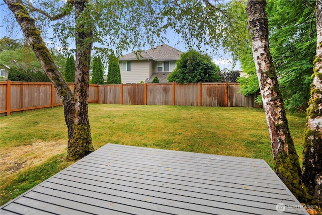 deck featuring a fenced backyard and a lawn