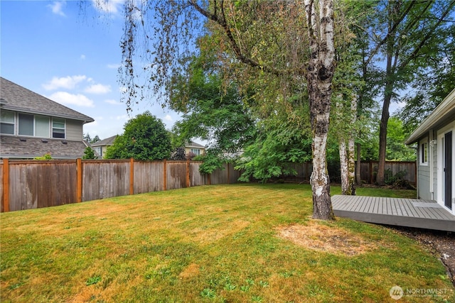 view of yard featuring a fenced backyard and a wooden deck