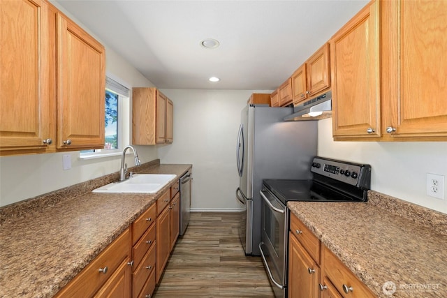 kitchen with stainless steel appliances, under cabinet range hood, a sink, dark wood-style floors, and recessed lighting