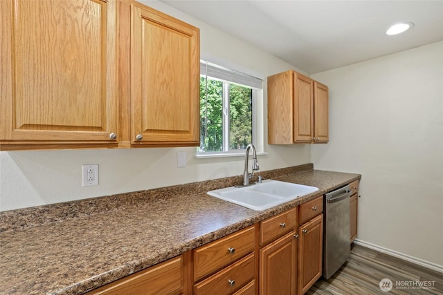 kitchen with a sink, stainless steel dishwasher, dark countertops, dark wood-style floors, and baseboards