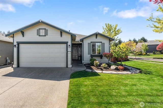 ranch-style home with concrete driveway, a front yard, and a garage