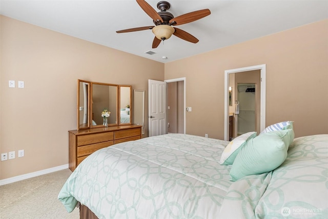 bedroom with light colored carpet, visible vents, ceiling fan, and baseboards