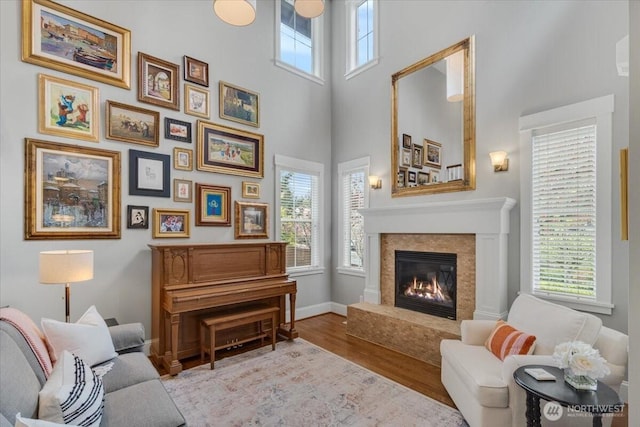 living area with baseboards, a high ceiling, wood finished floors, and a premium fireplace