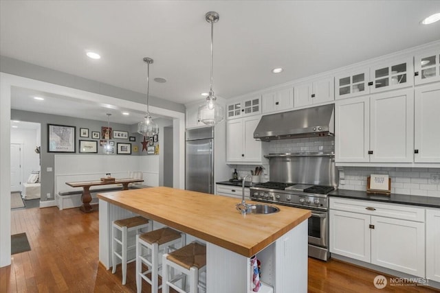 kitchen with high quality appliances, a sink, wood counters, white cabinets, and under cabinet range hood