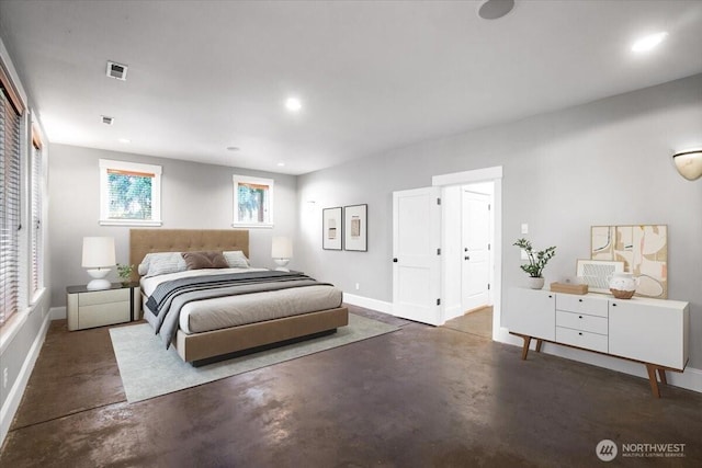 bedroom featuring baseboards, finished concrete floors, visible vents, and recessed lighting