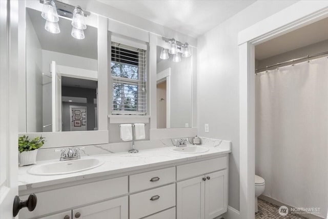 full bathroom featuring a sink, double vanity, and toilet
