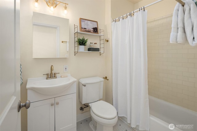 full bath featuring shower / tub combo, tile patterned floors, vanity, and toilet