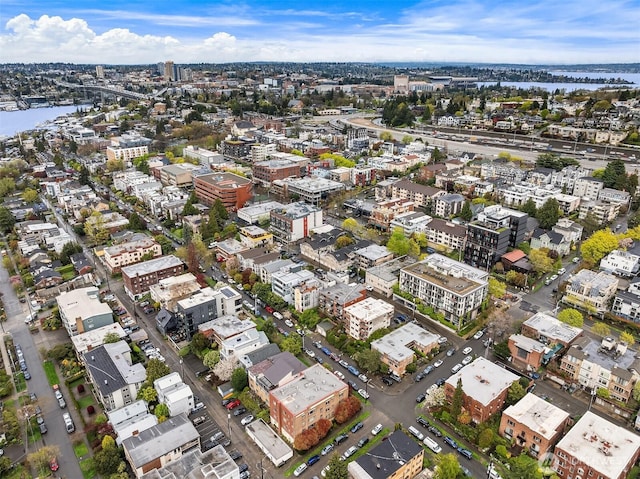 aerial view with a water view and a view of city