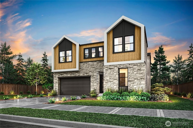 13748 SE 84th St Unit 17, Newcastle, WA 98059 - contemporary house featuring stone siding, driveway, fence, and a garage