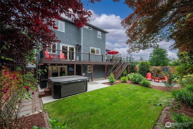 10839 35th Ave SW, Seattle, WA 98146 - rear view of house with a hot tub, a patio area, a wooden deck, and stairs