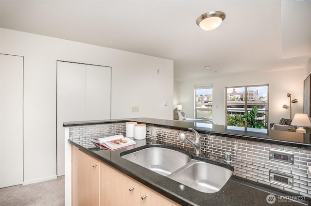 412 11th Ave Unit 309, Seattle, WA 98122 - kitchen featuring a sink, tasteful backsplash, light carpet, and open floor plan