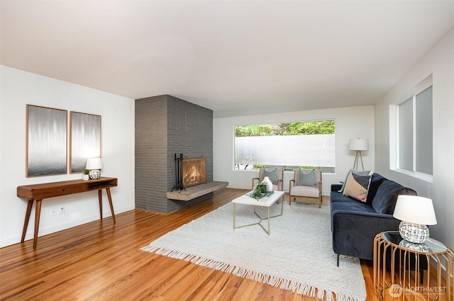 living area featuring baseboards, wood finished floors, and a fireplace