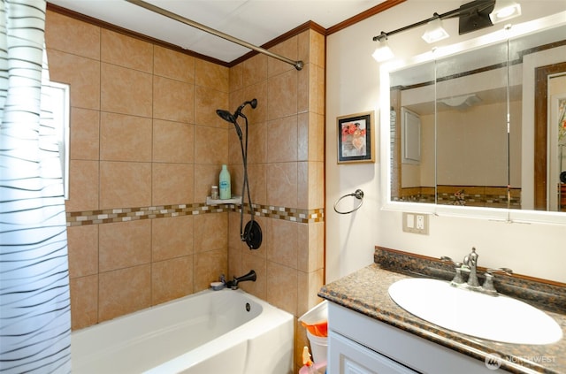 bathroom featuring shower / bathtub combination, vanity, and ornamental molding