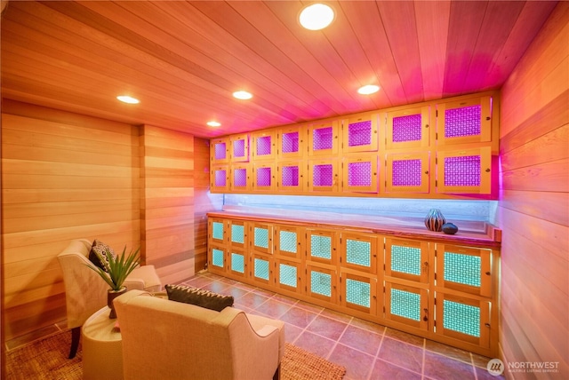 view of sauna featuring recessed lighting and tile patterned flooring
