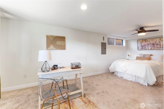 bedroom featuring light carpet, baseboards, ceiling fan, and recessed lighting
