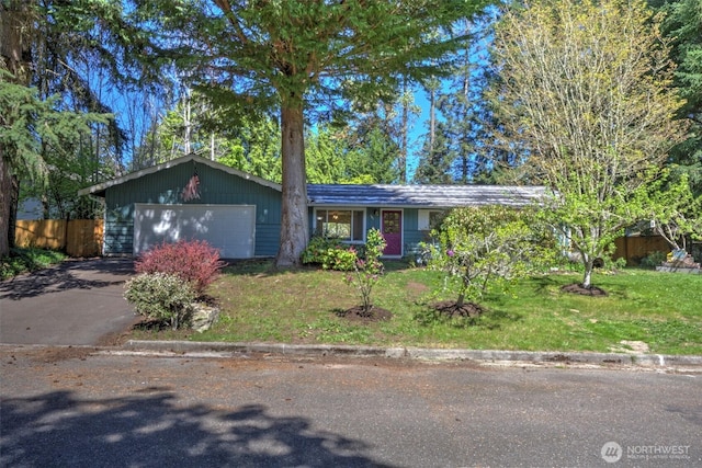 381 Fir Acres Dr NW, Bainbridge Island, WA 98110 - ranch-style home with fence, concrete driveway, a front yard, and an attached garage