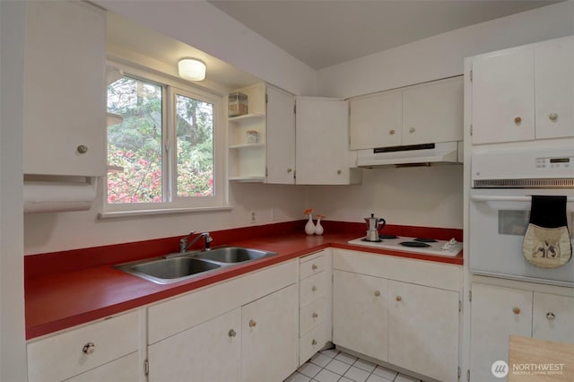 381 Fir Acres Dr NW, Bainbridge Island, WA 98110 - kitchen with white cabinetry, open shelves, a sink, under cabinet range hood, and white appliances