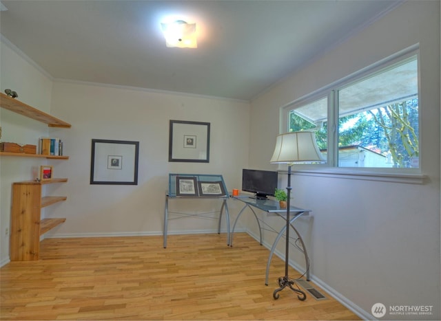381 Fir Acres Dr NW, Bainbridge Island, WA 98110 - office featuring light wood-type flooring, ornamental molding, and baseboards