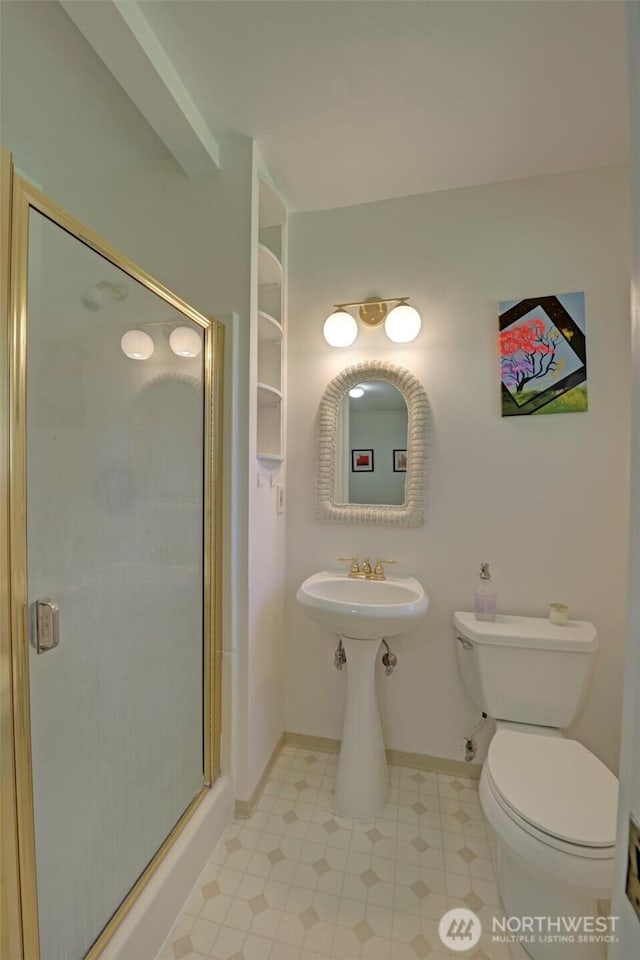 381 Fir Acres Dr NW, Bainbridge Island, WA 98110 - bathroom with a sink, a shower stall, tile patterned floors, toilet, and baseboards