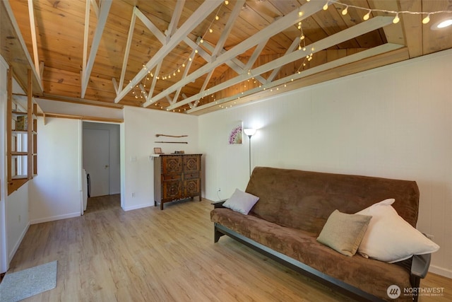 381 Fir Acres Dr NW, Bainbridge Island, WA 98110 - living room featuring beam ceiling, wooden ceiling, wood finished floors, and high vaulted ceiling