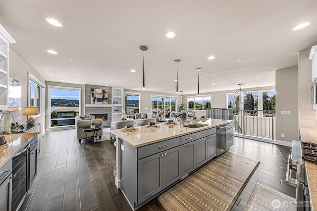 4888 194th Ave SE, Issaquah, WA 98027 - kitchen featuring stainless steel dishwasher, a sink, gray cabinetry, a fireplace, and dark wood-type flooring