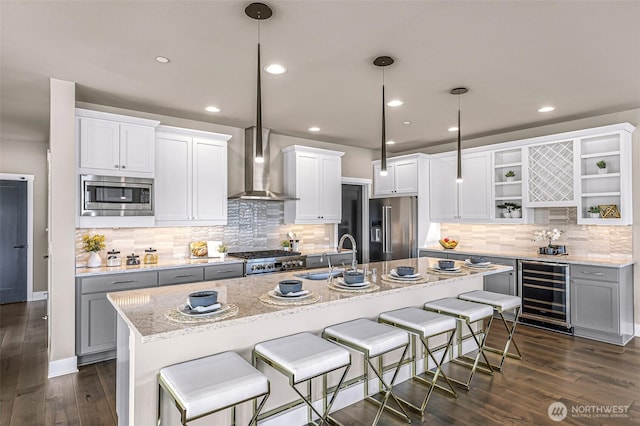 4888 194th Ave SE, Issaquah, WA 98027 - kitchen featuring wall chimney range hood, open shelves, a sink, beverage cooler, and stainless steel appliances