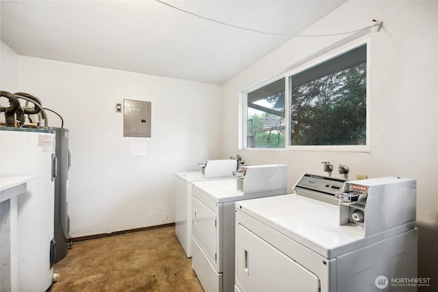 clothes washing area featuring independent washer and dryer, electric water heater, electric panel, and baseboards