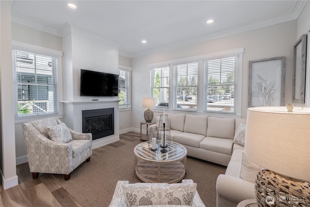 living room with crown molding, wood finished floors, and plenty of natural light