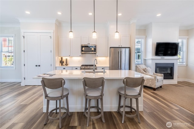 kitchen with a large fireplace, appliances with stainless steel finishes, a sink, and light wood-style flooring
