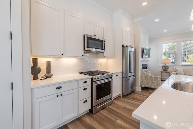 kitchen featuring open floor plan, premium appliances, decorative backsplash, wood finished floors, and crown molding