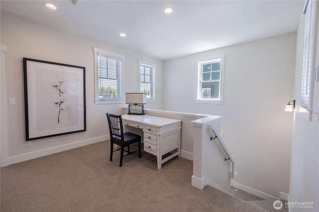 office space with baseboards, carpet, and recessed lighting