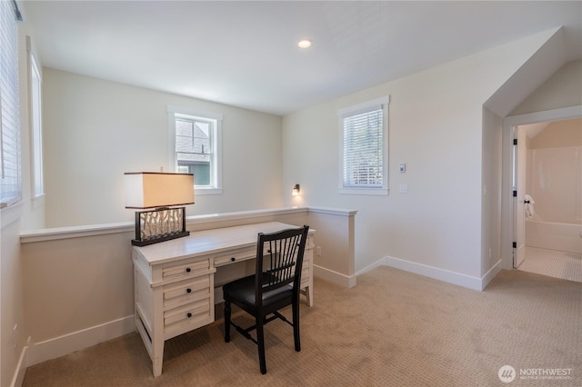 carpeted office space featuring recessed lighting and baseboards