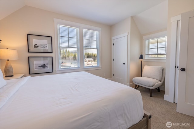 bedroom featuring lofted ceiling, light carpet, and baseboards
