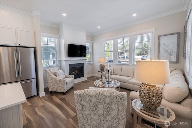 living area featuring a wealth of natural light, ornamental molding, a glass covered fireplace, and wood finished floors