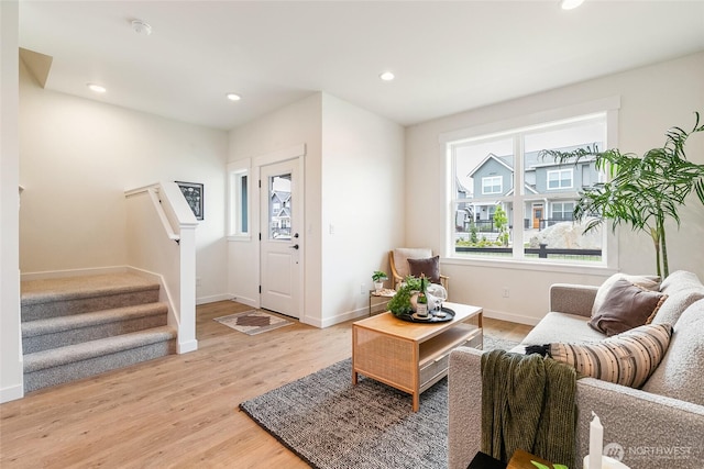 4228 Melrose Ln, Bellingham, WA 98226 - living area featuring light wood-style floors, stairs, and recessed lighting