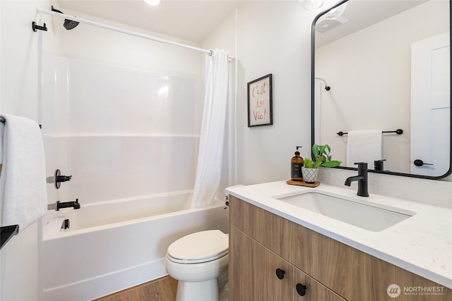 4228 Melrose Ln, Bellingham, WA 98226 - bathroom featuring vanity, shower / tub combo, and wood finished floors