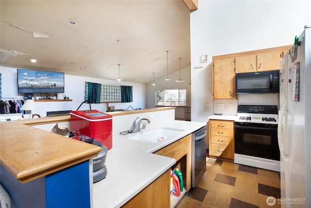 kitchen featuring stainless steel dishwasher, freestanding refrigerator, gas range, a sink, and black microwave