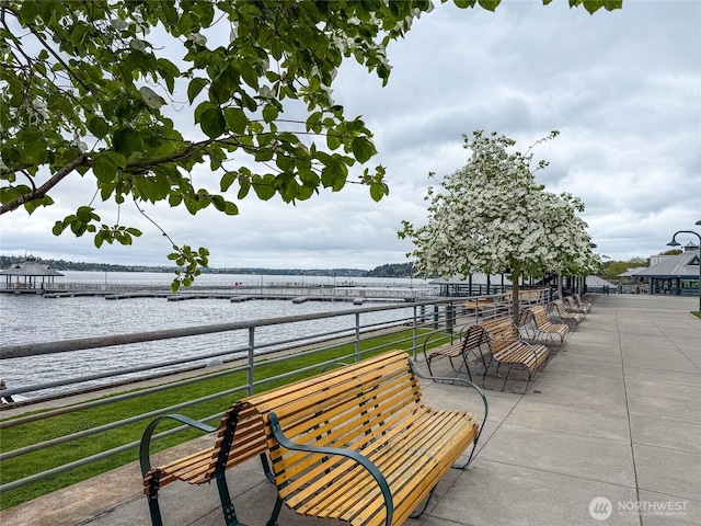 exterior space featuring a water view